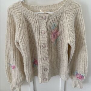 LoveShackFancy Cream Cardigan with Pink Floral Embroidery